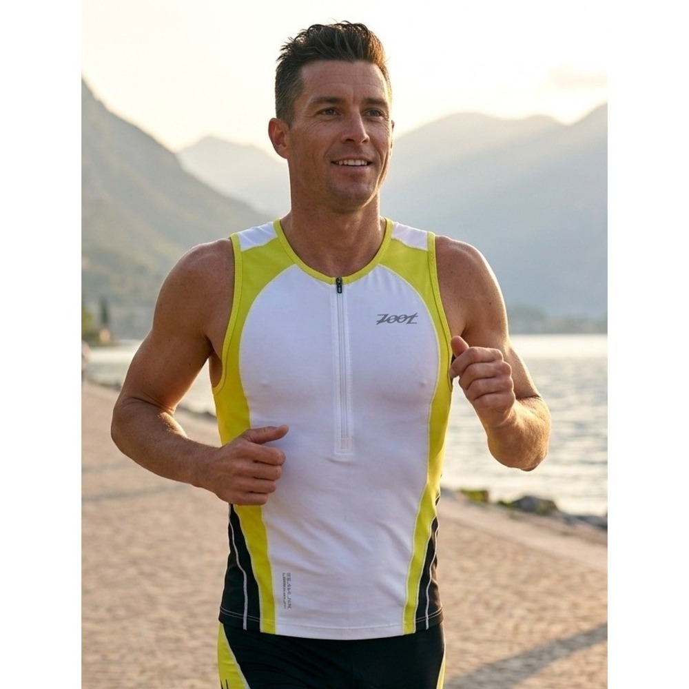 Zoot Ultra Triathlon Tank Top Men's XL White Neon Yellow Half Zip SeamLink Mesh